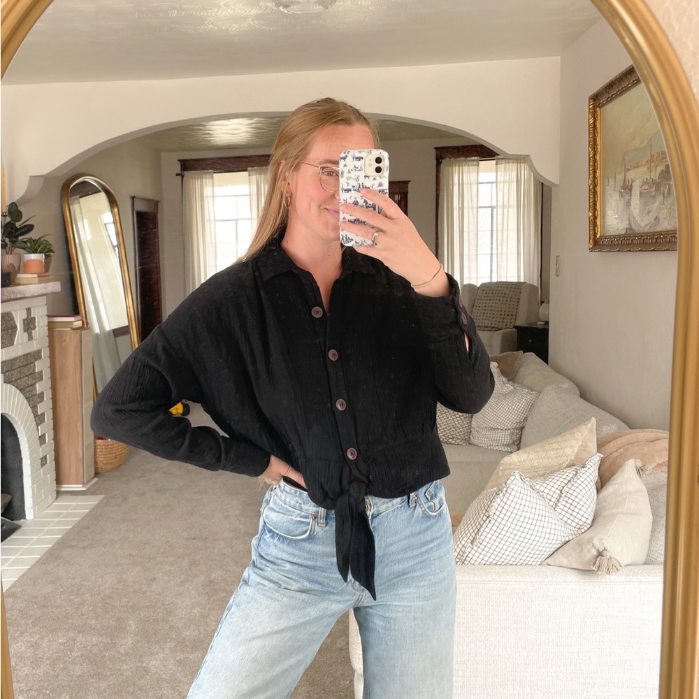 Free People Black Button-Up Blouse